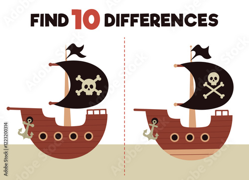 Find 10 differences game for kids. Pirate ship. Educational game for children. Vector flat illustration.