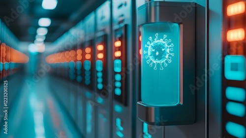 The image features a modern data center with illuminated server racks and a digital display showing a graphic, highlighting advanced technology.