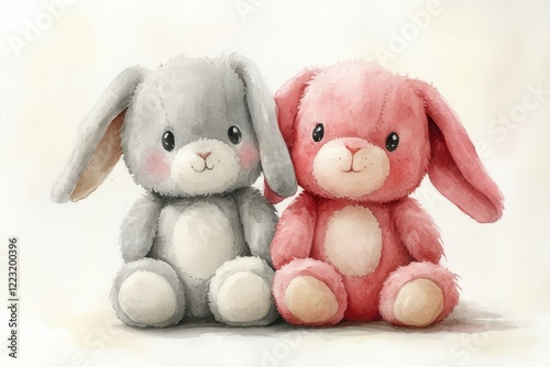Two adorable plush bunnies, one grey and one pink, sit closely together on a soft background