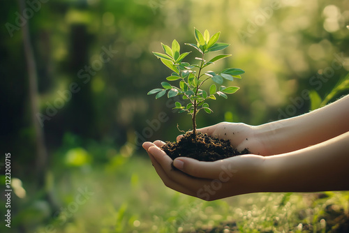 Hands Holding Young Tree in Forest: Environmental Protection Concept