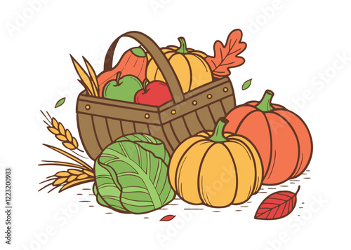 a basket with a harvest of vegetables and fruits. Pumpkins, apples, cabbage, rye in a flat style