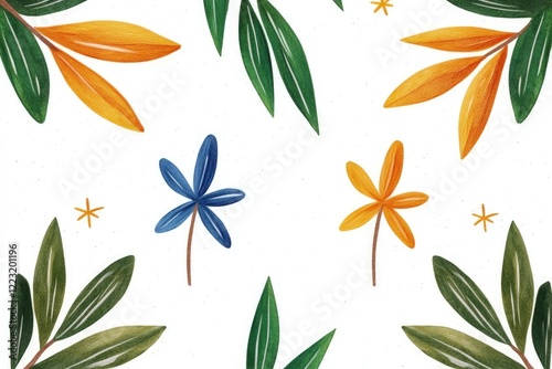 Colorful botanical illustration featuring vibrant leaves and flowers on a white background