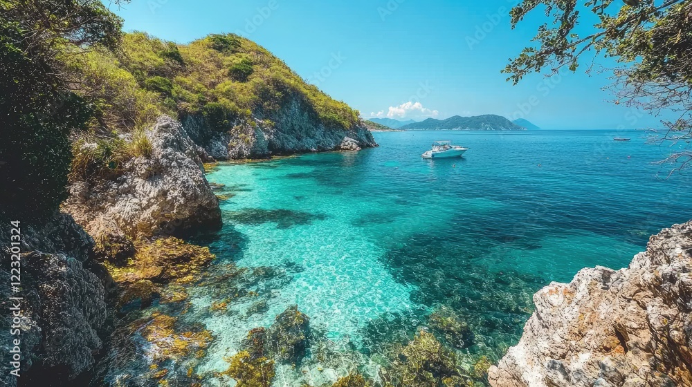 Fototapeta premium Serene Coastal Scene Boat Anchored Near Rocky Shore