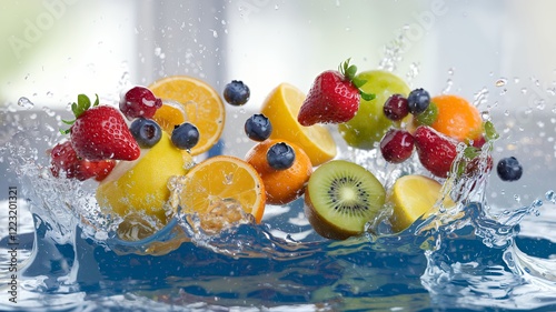 Vibrant Splash of Fresh Fruits in Water – Dynamic and Refreshing Concept