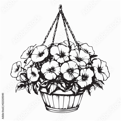 Hanging flower basket vector illustration isolated on white background.