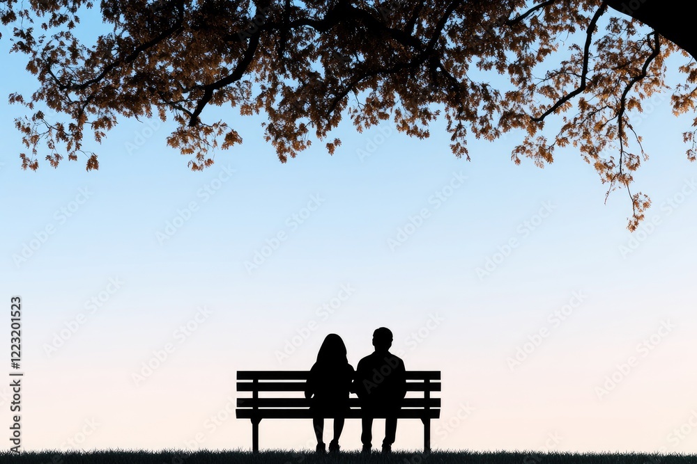 Obraz premium Silhouetted couple sitting on a bench under a tree during sunset, enjoying a serene moment