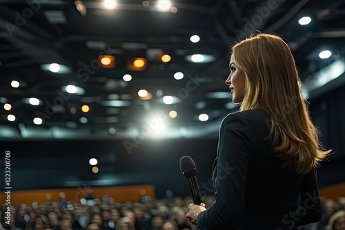 Confident speaker addresses captivated audience in modern confer photo