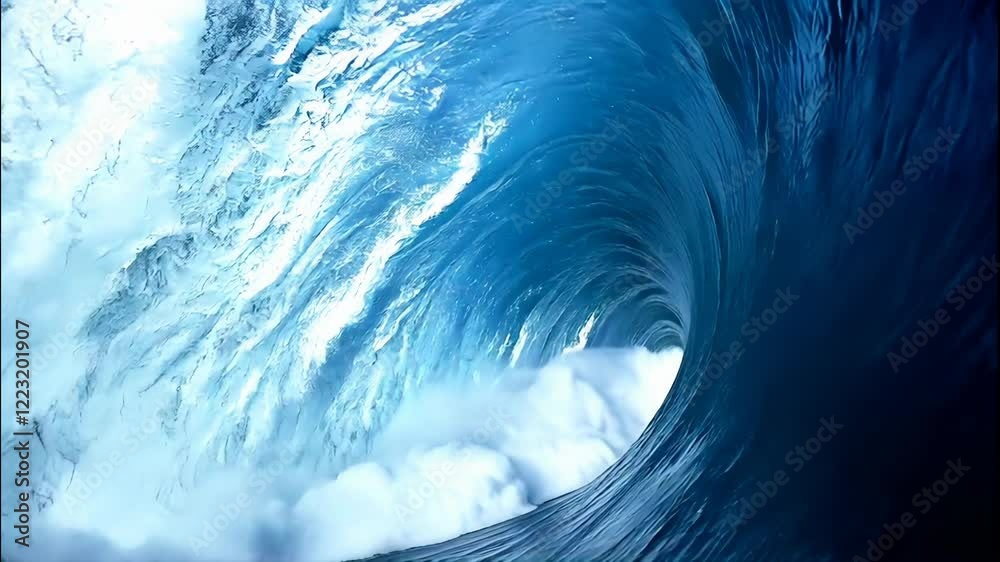 Beautiful blue surf crashing tidal wave on a bright sunny day off the coast with clear blue skies 