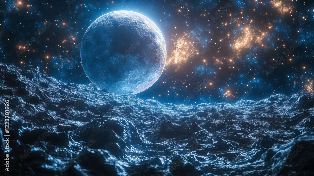 A surreal extraterrestrial landscape featuring a large moon hovering over a rugged terrain illuminated by cosmic lights A surreal extraterrestrial landscape featuring a large moon hovering over a rugged terrain illuminated by cosmic lights