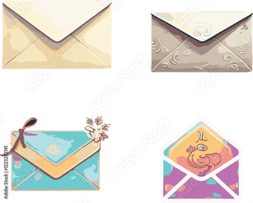 A visually appealing set of decorative envelopes, showcasing various styles and colors for special occasions and events, arranged against a clean background.