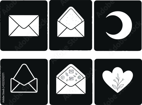 Collection of six minimalist illustrations featuring envelopes, a crescent moon, and a heart design. Perfect symbols for communication, love notes, and celestial themed projects.