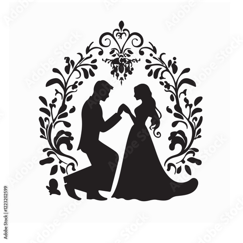 Silhouette of a man kneeling down and holding the hand of a standing woman vector image.