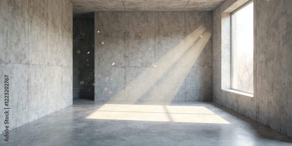 Empty Concrete Room with Sunbeams Streaming Through a Window Illuminating the Polished Floor Empty Concrete Room with Sunbeams Streaming Through a Window Illuminating the Polished Floor