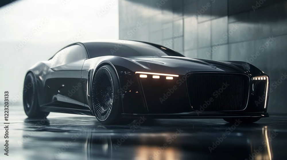 Naklejka premium Futuristic luxury sedan with elegant headlight strips urban setting automotive photography modern aesthetic ground view