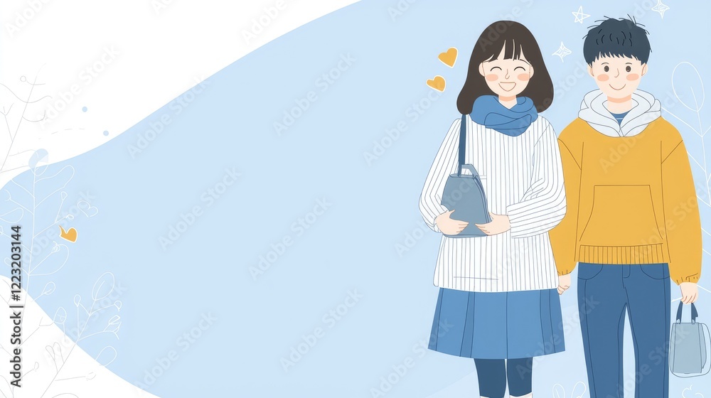 Obraz premium Happy couple winter stroll, light blue background, website banner