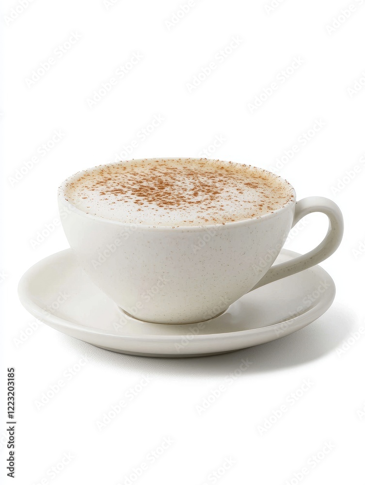 Spiced cappuccino, white cup, saucer, cafe setting Spiced cappuccino, white cup, saucer, cafe setting