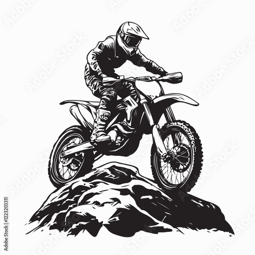  Motocross Rider Maneuvering Over a Large Rock Obstacle with Precision and Power in Vector Style