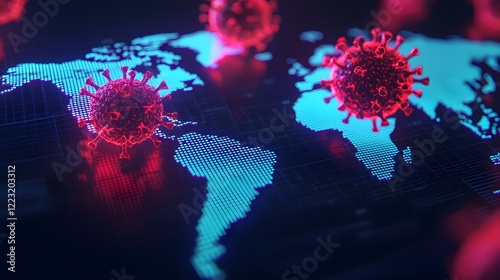 A digital representation of a world map highlighted with coronavirus icons, illustrating the global impact of the pandemic.