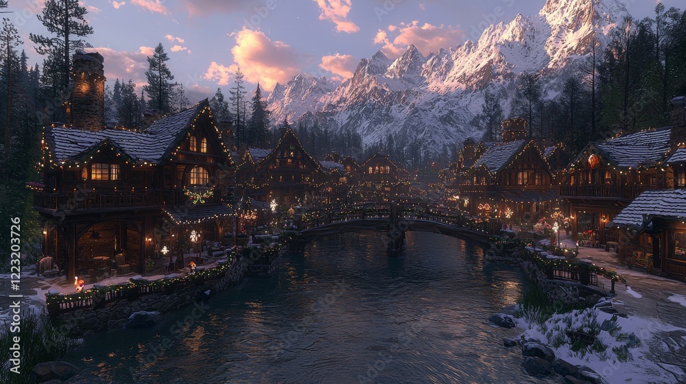 Fototapeta premium A serene winter village scene with quaint wooden houses, a bridge over a river, and majestic snow-capped mountains under a colorful sunset sky.