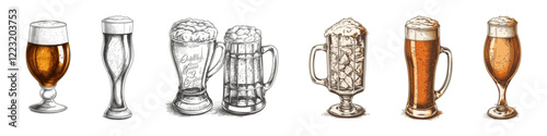 Glasses of beer. Hand drawn drink. Brewery concept.