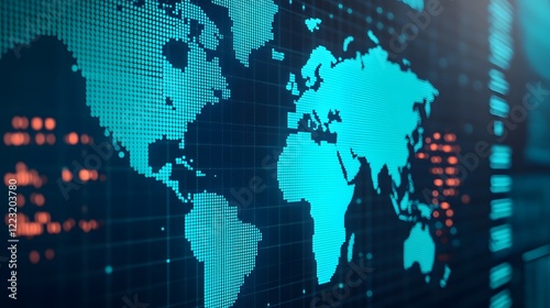 A digital map visualization featuring a glowing world map with a blue and black color scheme, emphasizing technology and data representation.