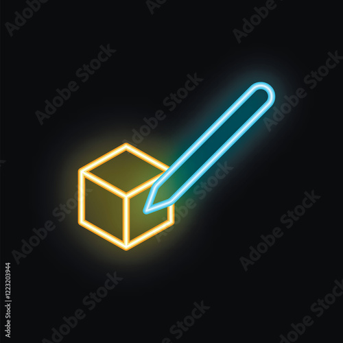 Blue neon style stylus pen drawing a yellow glowing cube on black background