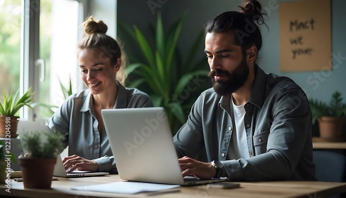Two People Working on Laptops at a Desk with Plants and Natural Light in a Room