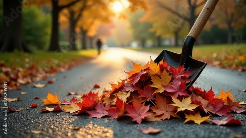 Autumnal Cleaning A Shovelful of Vibrant Red and Gold Maple Leaves on a Fall Day Path