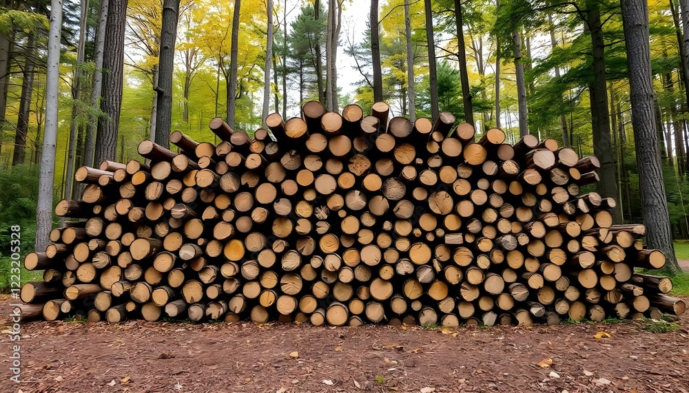 A large pile of stacked wooden logs in the middle of a forest, creating a natural and rustic wallpaper background A large pile of stacked wooden logs in the middle of a forest, creating a natural and rustic wallpaper background