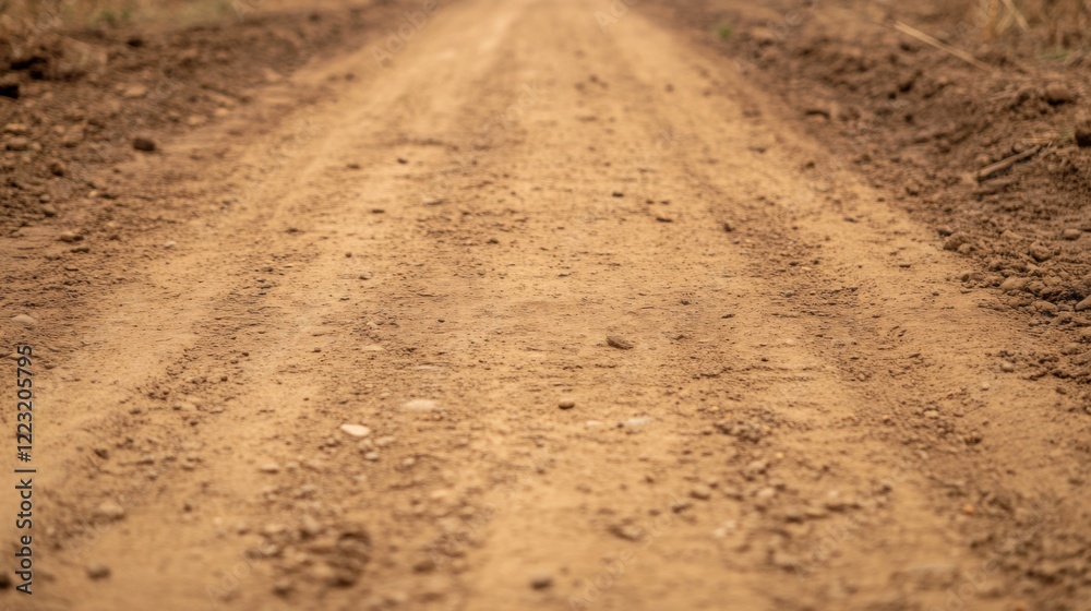 Naklejka premium Dirt road vanishing point, tire tracks on dry brown soil.