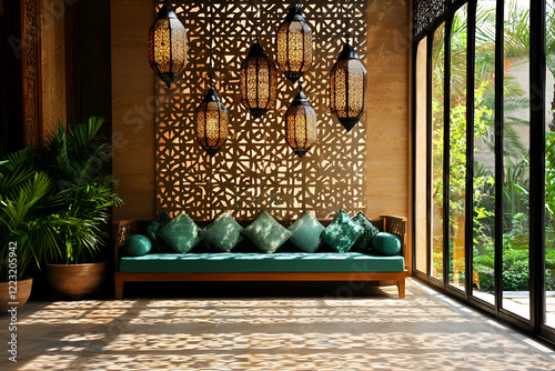 Elegant lounge with ornate Arabic lamps and sunlit leaf shadows in modern middle eastern interior design