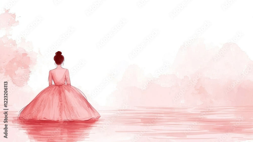 Woman in pink dress, sitting by calm water, dreamy landscape, fashion illustration Woman in pink dress, sitting by calm water, dreamy landscape, fashion illustration