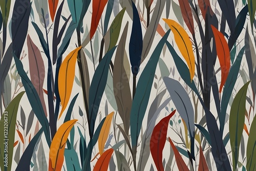 Floral seamless pattern, multicolored Weeping Willow leaves on light grey background Generative AI