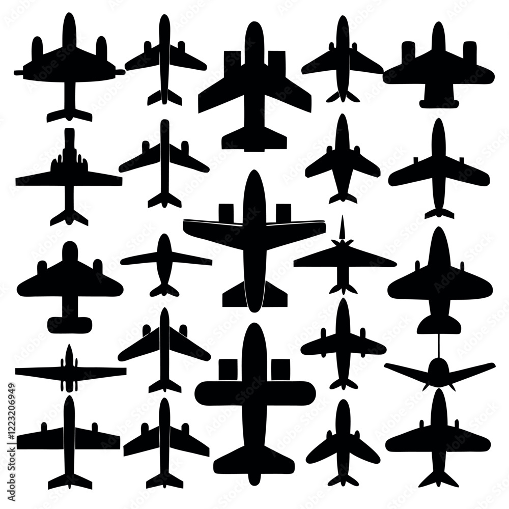 Fototapeta premium Aero plan silhouette vector design, Airplane, aero plan icon design, black airplane icon set.