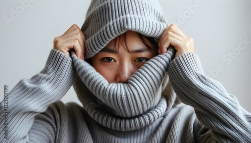 An Asian woman pulls a sweater over her head, concealing her face beneath the fabric as a way to cope with social phobia and protect her sense of privacy photo