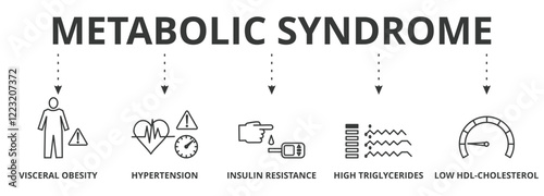 Metabolic Syndrome banner icon vector illustration concept with icon of  Visceral Obesity, Hypertension, Insulin Resistance, High Triglycerides, Low HDL-Cholesterol
