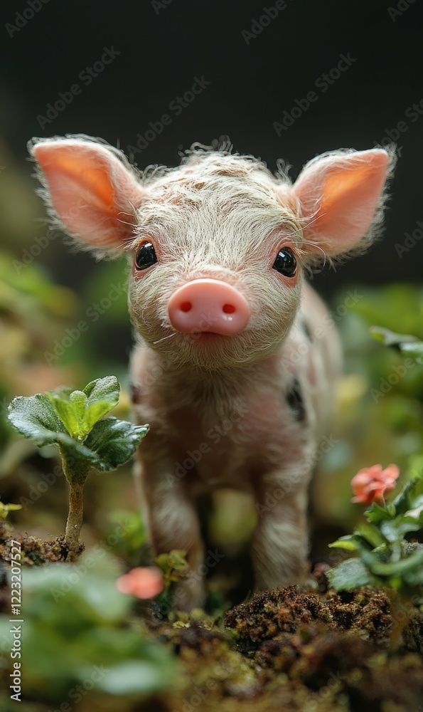 Cute miniature piglet among vibrant greenery in a forest setting Cute miniature piglet among vibrant greenery in a forest setting