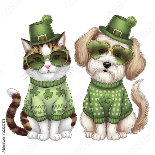 St Patrick's Day theme cute cat and  dog illustration