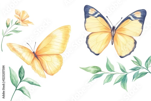 Watercolor illustration of yellow butterflies and green leaves on a white background