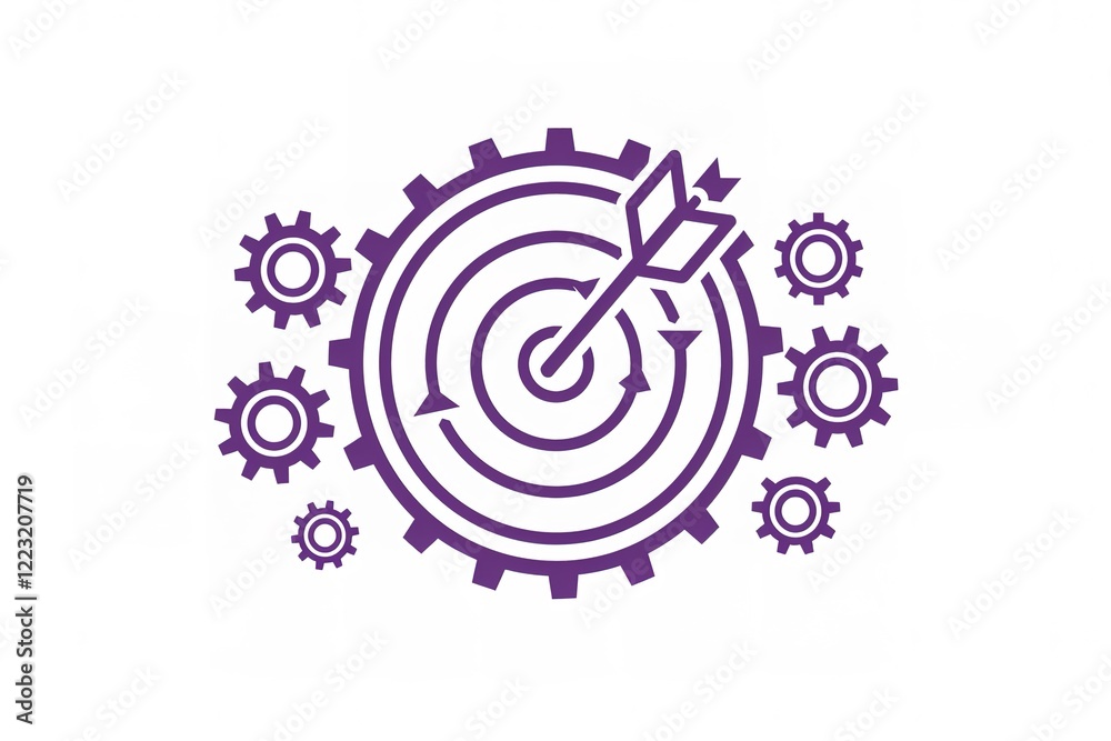 Target achieved: gears and arrow on bullseye Target achieved: gears and arrow on bullseye