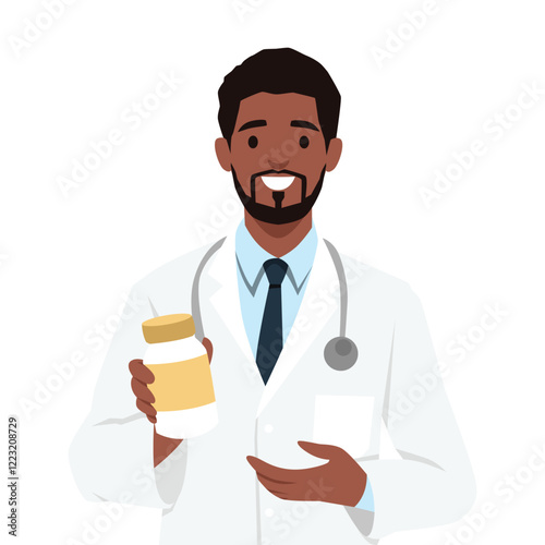 Doctor with a stethoscope around his neck, holding a bottle of medicine, medical guidance. Flat vector illustration isolated on white background