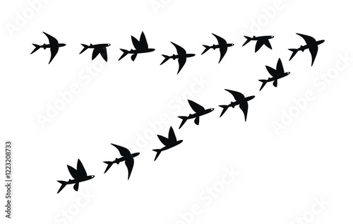 Flock of flying fish. Vector silhouette image.