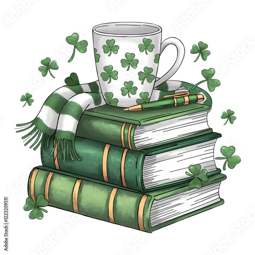 St Patrick's Day theme stack of books scrap, coffee cup illustration