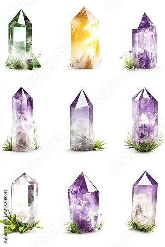 Vibrant display of various crystal formations with natural elements and soft lighting