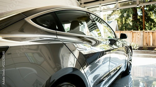 Modern car parked in spacious garage, ready for trade-in, showcasing clean and well-maintained interior.