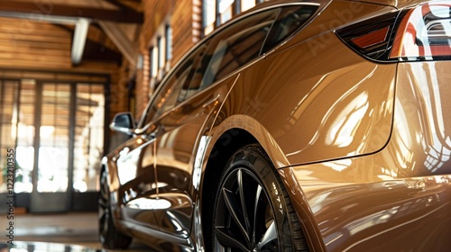 Modern car parked in spacious garage, ready for trade-in, showcasing clean and well-maintained interior.