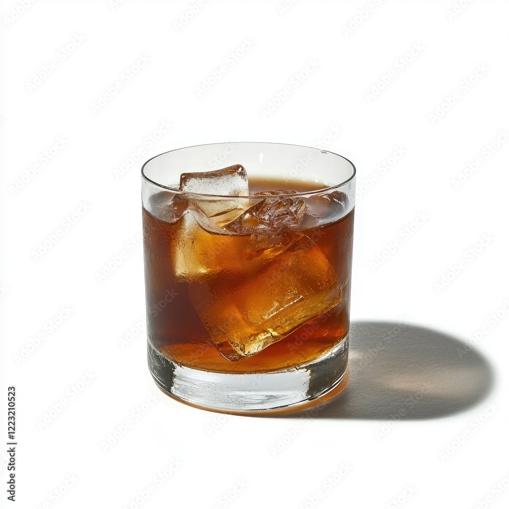 Iced coffee drink, rocks glass, white background, summer refreshment Iced coffee drink, rocks glass, white background, summer refreshment