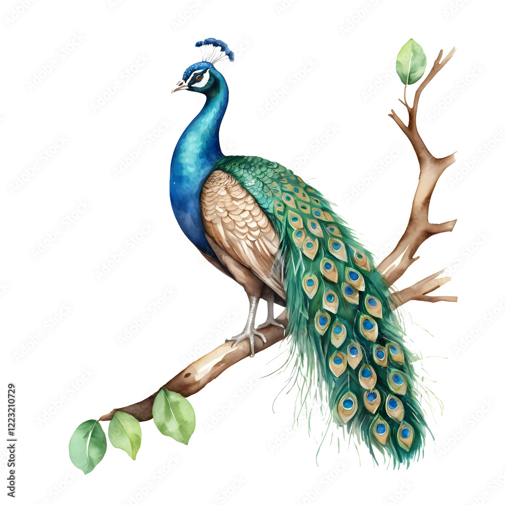 Fototapeta premium Watercolor peacock perched on a branch, elegant and artistic design