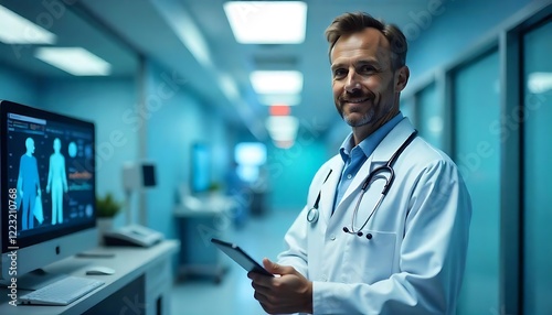 Doctor in white coat holding a tablet stands in a hospital hallway with monitor