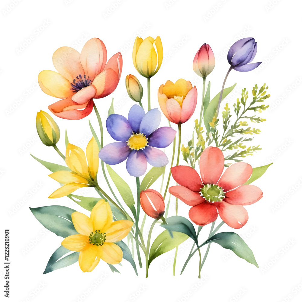 Fototapeta premium Vibrant Watercolor Bouquet of Flowers with Transparent Background